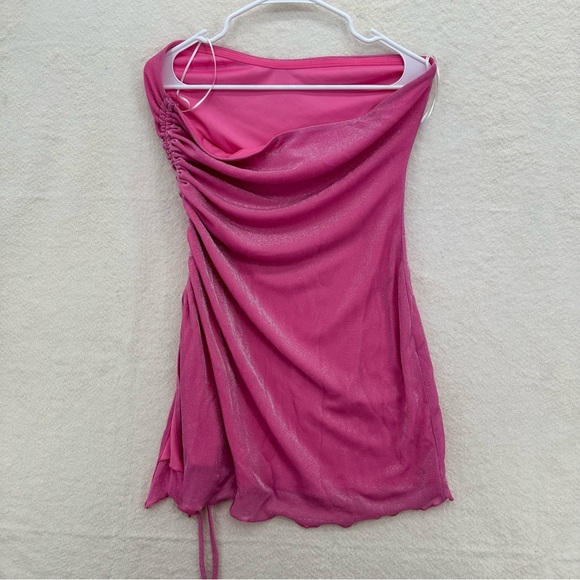 Coquette Whimsical Princess Polly Hot Pink Glitter Ruched Strapless Mini Dress - Picture 4 of 6